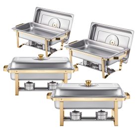 8 Qt 4 Pack Rectangle Chafing Dish Buffet Set Full Size Pan Stainless Steel Gold