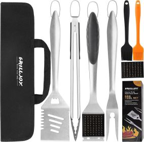 Grilljoy 8PCS Heavy Duty BBQ Grill Tools Set With Extra Thick Stainless Steel Spatula, Fork, Tongs & Cleaning Brush - Complete Barbecue Accessori (Option: Black-Premium Stainless Steel)