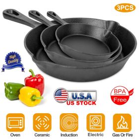 3Pcs Pre-Seasoned Cast Iron Skillet Set 6/8/10in Non-Stick Oven Safe Cookware Heat-Resistant Frying Pan (Color: as pic)
